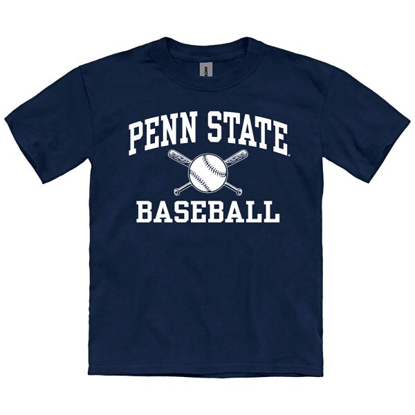 youth navy short sleeve t-shirt with Penn State Baseball and baseball & bats graphic